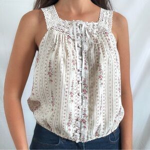 Prairie blouse top retro lace cream floral lotus & lavender medium